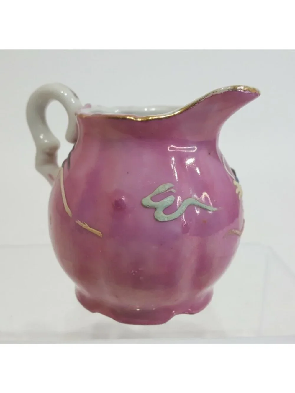 Mini Porcelain Hand-Painted Raised Dragon Creamer Lucky China 4” Tall Pink Gold